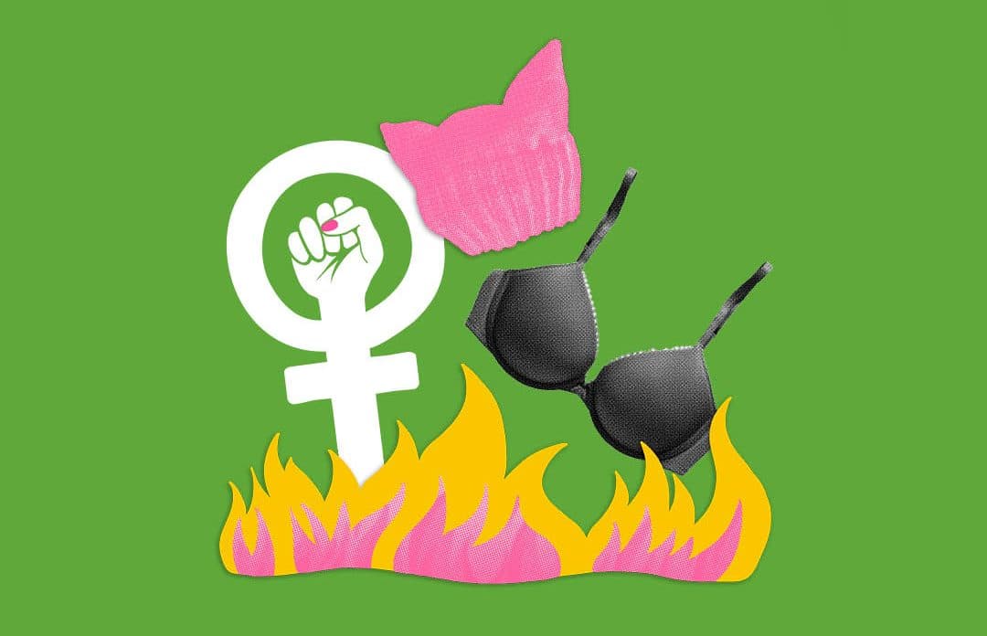 Feminist Roast. All About Women. Sydney Opera House. Female symbol. Burning bra. Pink flag.