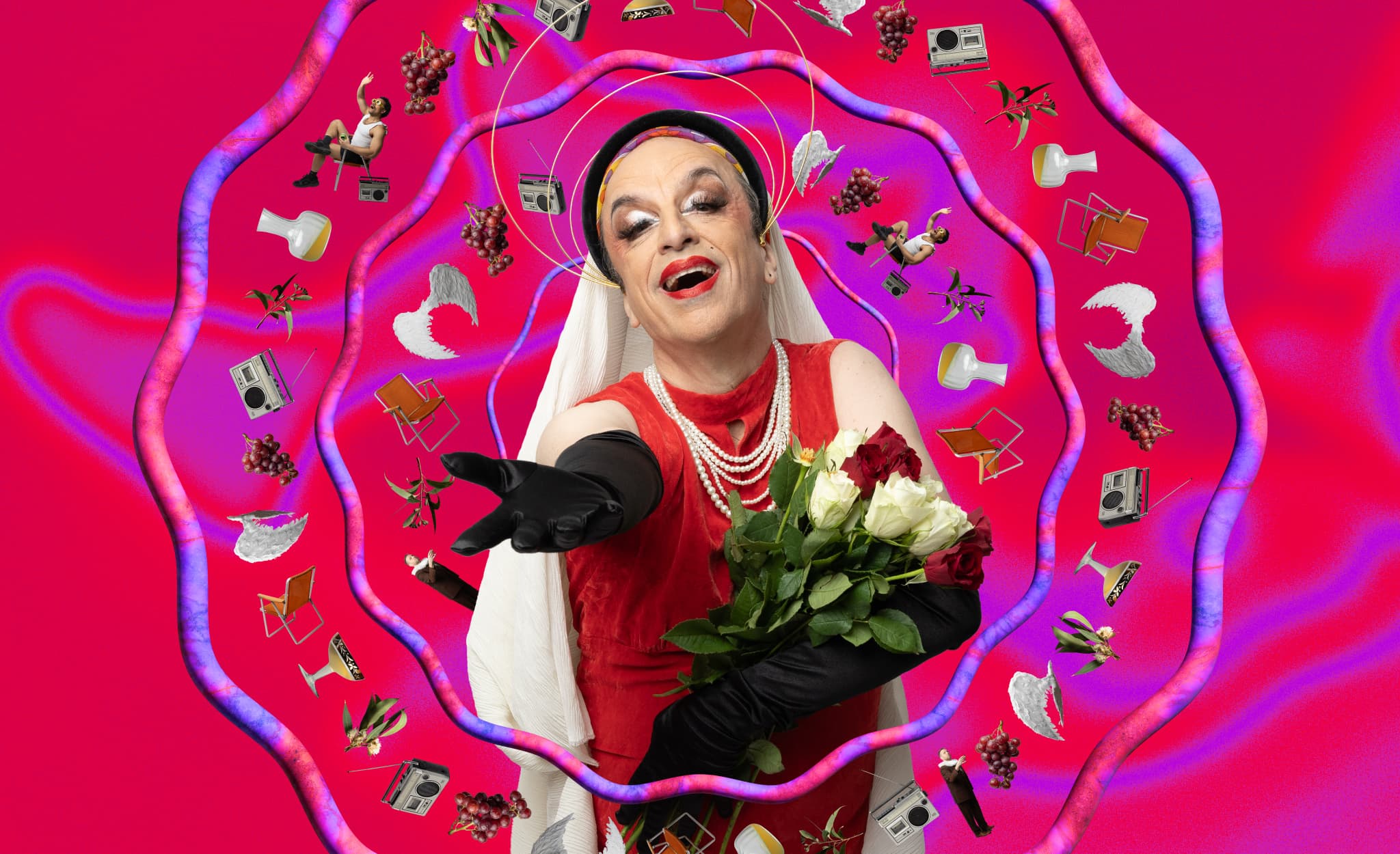 The Lewis Trilogy. Drag actor wearing a red dress holding flowers. Colourful background.
