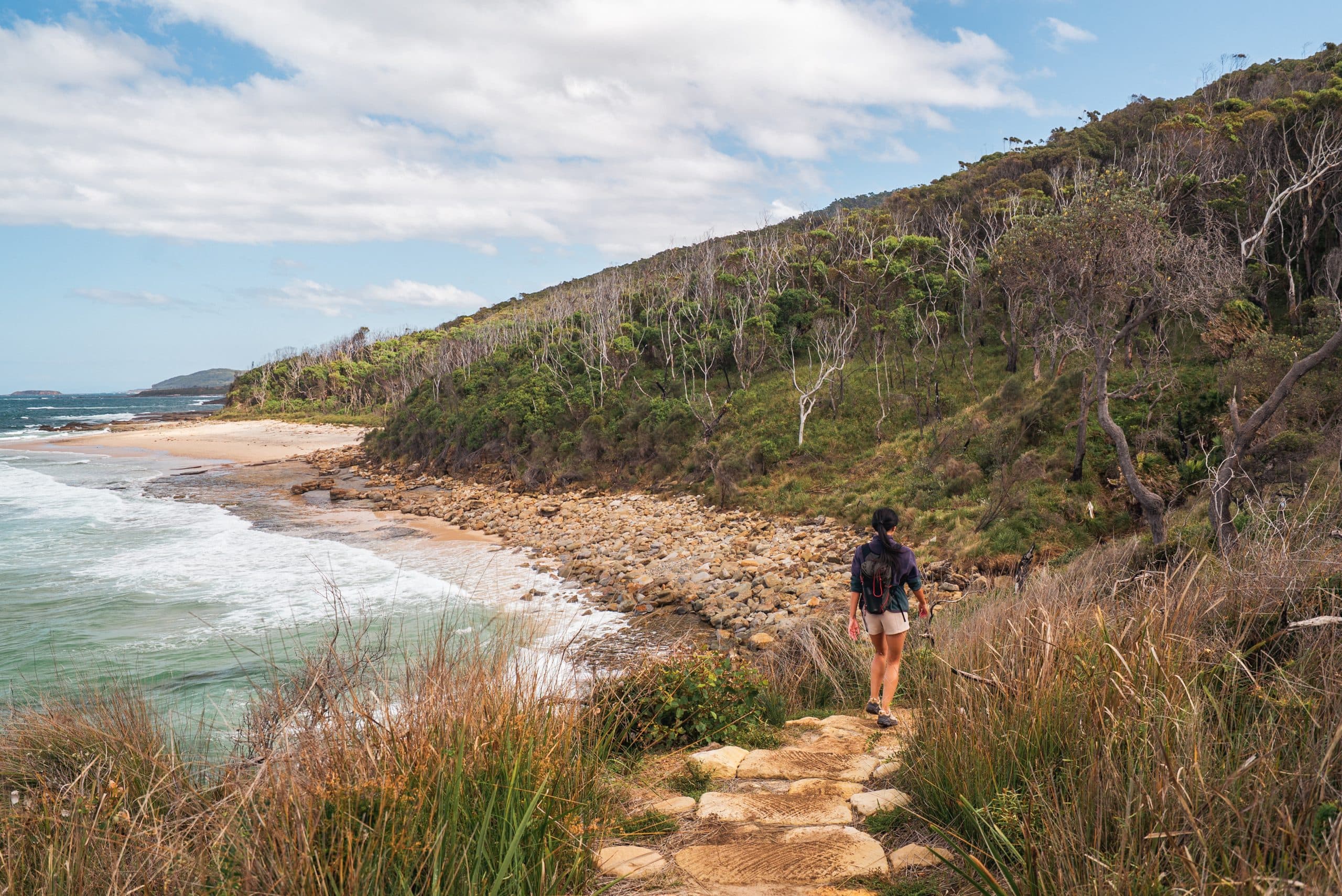 Woman on a coastal drit trail. Green windswept forest on her right and the waves and ocean to her left. Rocky shore in front with large stones on the beach.
